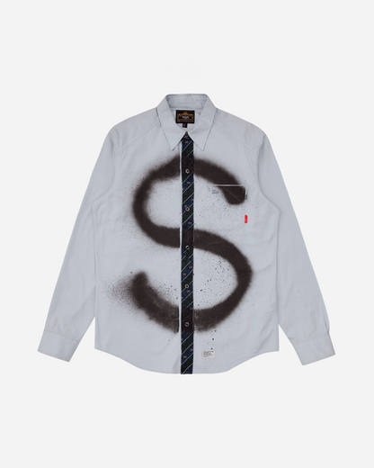 Button Up Letter Spray Long Sleeve Shirt Blue