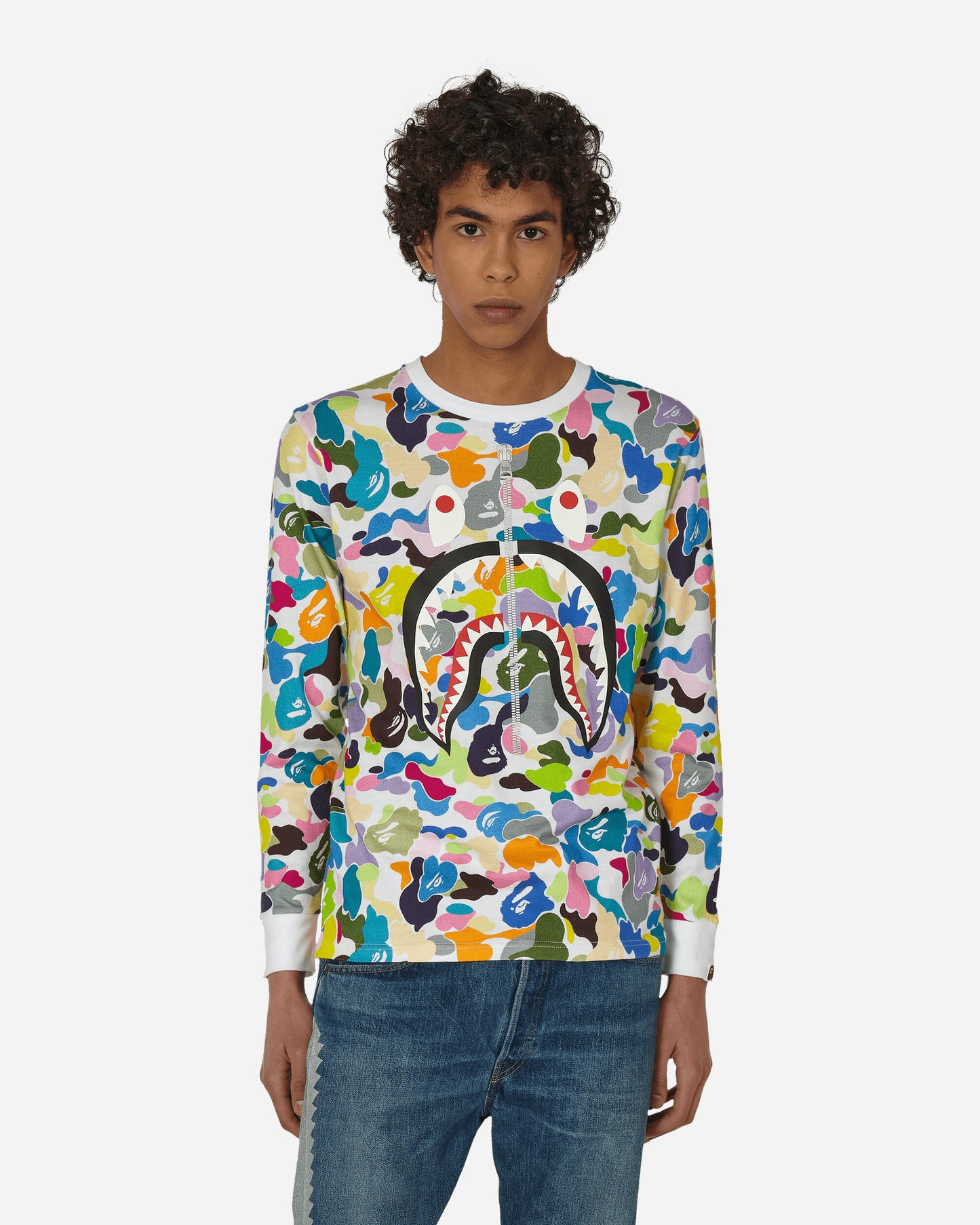 A Bathing Ape Multi Camo Shark Wide WHITE T-Shirts Longsleeve 1G80111008 WHITE