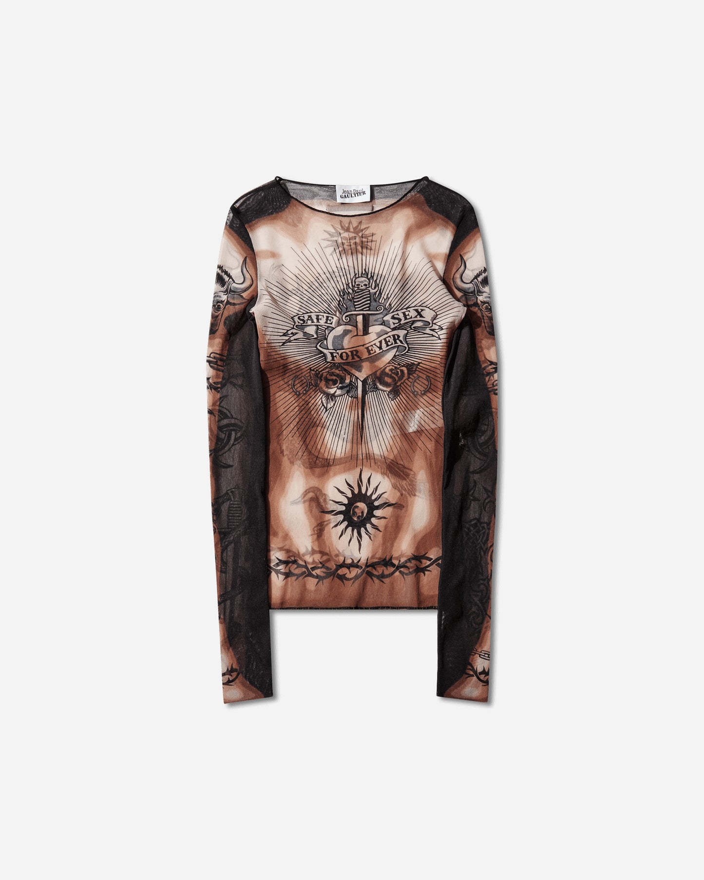 Jean Paul Gaultier Wmns Re-Edition :Long Sleeves Crew Neck Top - Printed "Safe Sex Tatoo" Nude/Brown/Black T-Shirts Longsleeve 26-01-W-TO456-M026P 636000