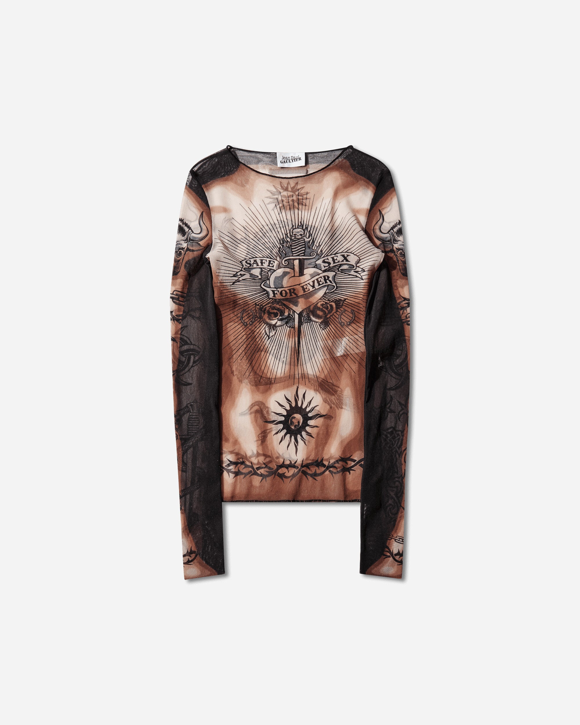 Jean Paul Gaultier Wmns Re-Edition :Long Sleeves Crew Neck Top - Printed "Safe Sex Tatoo" Nude/Brown/Black T-Shirts Longsleeve 26-01-W-TO456-M026P 636000