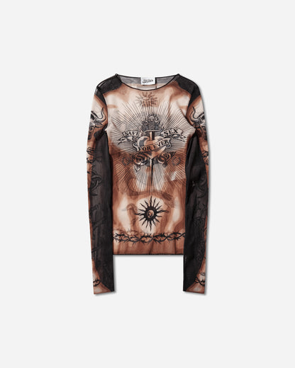 Jean Paul Gaultier Wmns Re-Edition :Long Sleeves Crew Neck Top - Printed "Safe Sex Tatoo" Nude/Brown/Black T-Shirts Longsleeve 26-01-W-TO456-M026P 636000