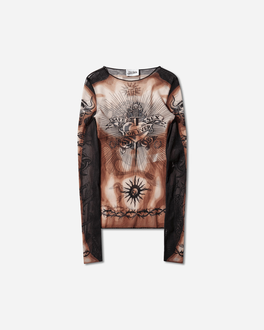 Jean Paul Gaultier Wmns Re-Edition :Long Sleeves Crew Neck Top - Printed "Safe Sex Tatoo" Nude/Brown/Black T-Shirts Longsleeve 26-01-W-TO456-M026P 636000