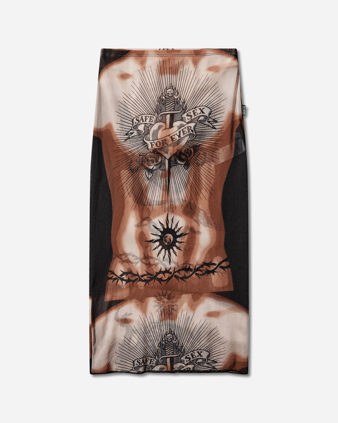 Jean Paul Gaultier Wmns Re-Edition :Midi Skirt Low Waist - Printed "Safe Sex Tatoo" Nude/Brown/Black Skirts Midi 26-01-W-SK044-M026P 636000