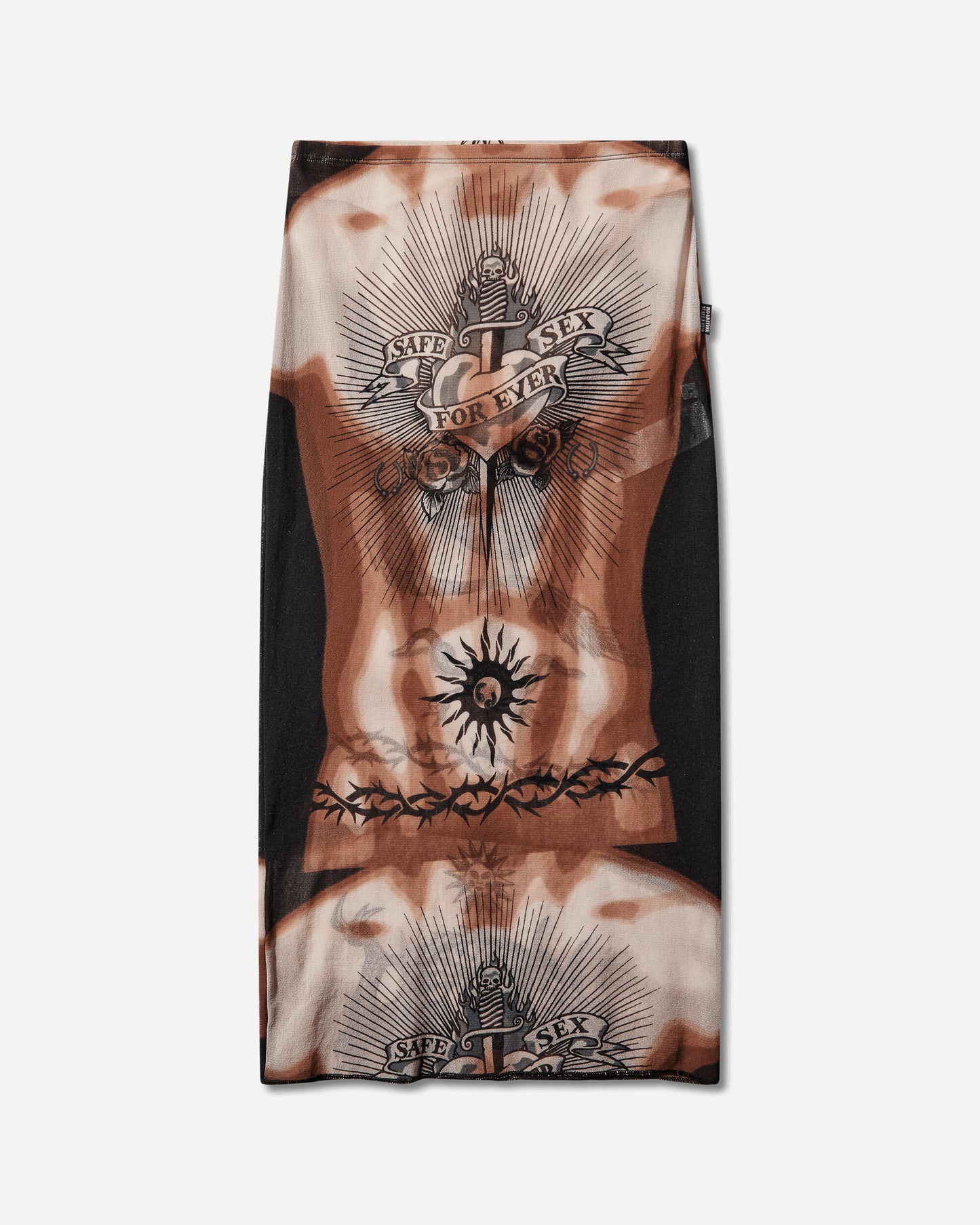 Jean Paul Gaultier Wmns Re-Edition :Midi Skirt Low Waist - Printed "Safe Sex Tatoo" Nude/Brown/Black Skirts Midi 26-01-W-SK044-M026P 636000