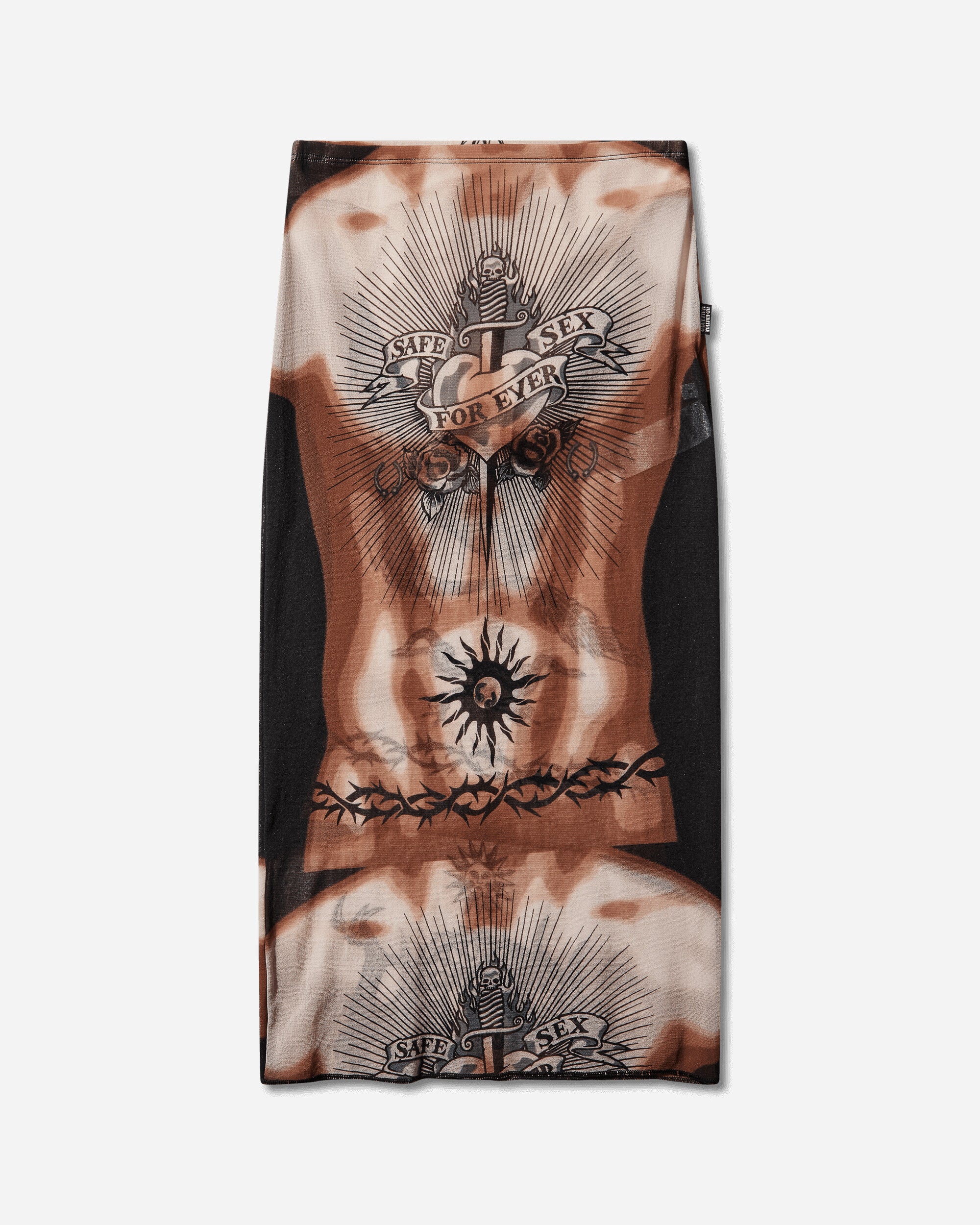 Jean Paul Gaultier Wmns Re-Edition :Midi Skirt Low Waist - Printed "Safe Sex Tatoo" Nude/Brown/Black Skirts Midi 26-01-W-SK044-M026P 636000