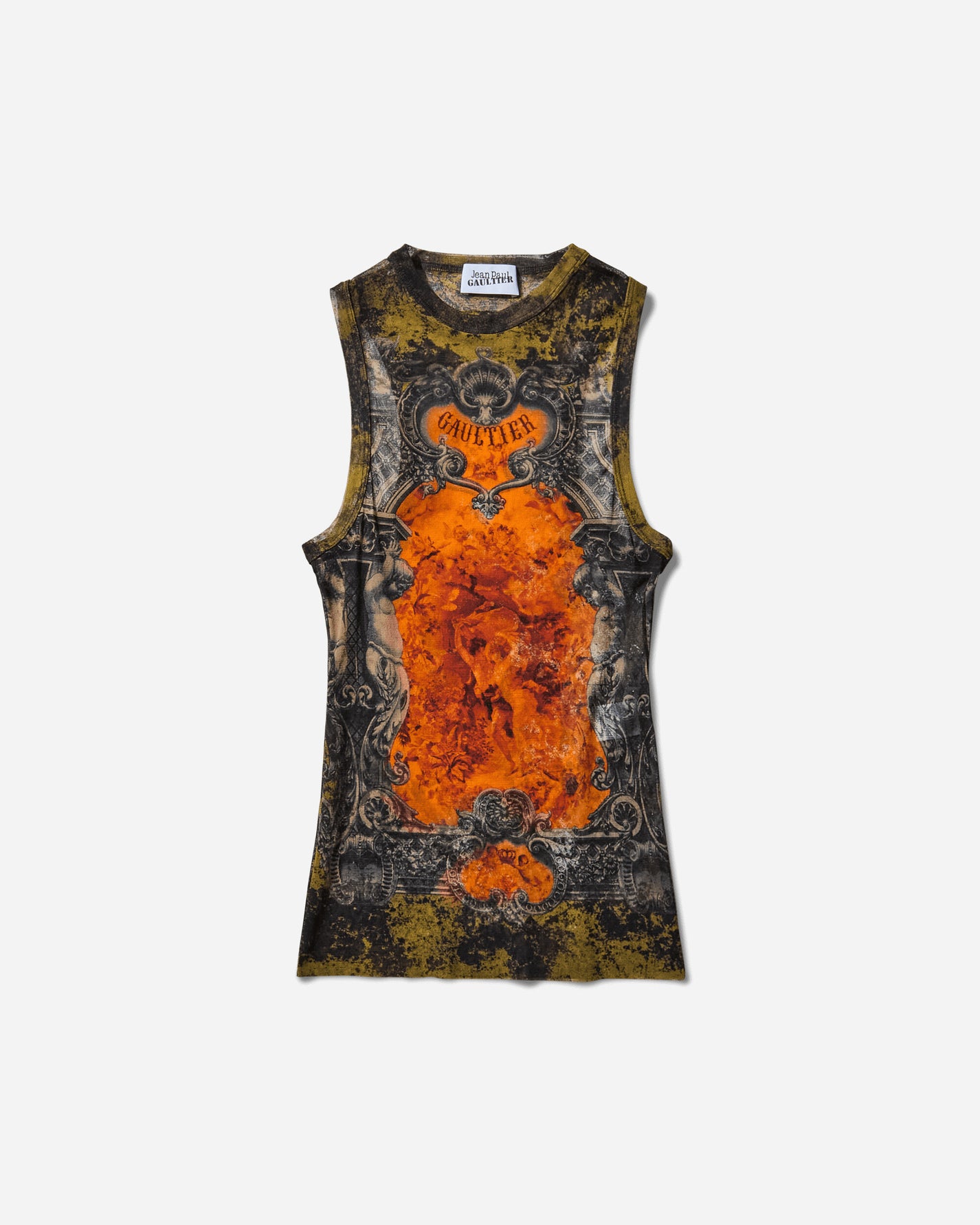 Jean Paul Gaultier Wmns Mesh Tank Top Printed Medaillon Black/Khaki/Orange T-Shirts Shortsleeve 2503WTO304M006 P004115