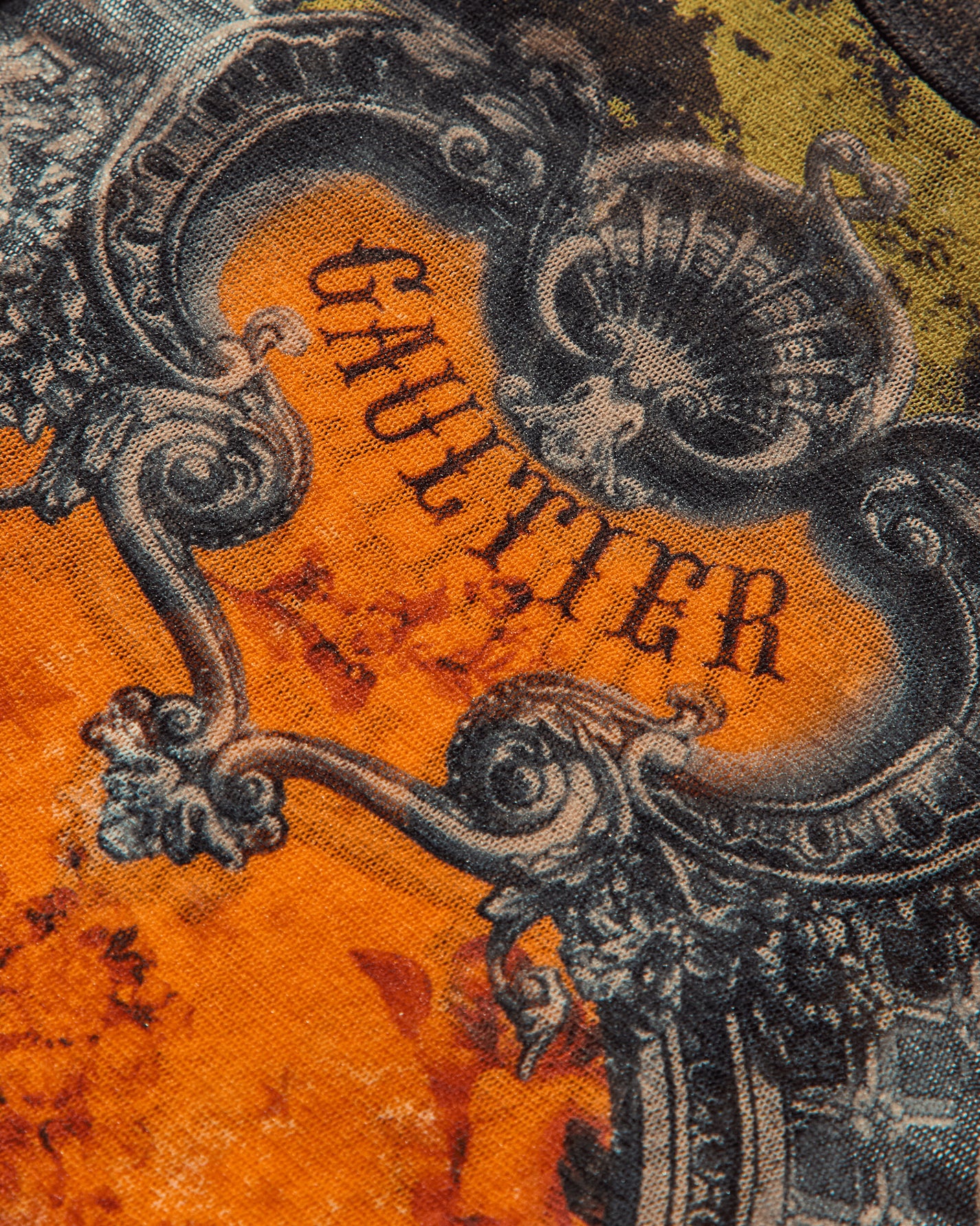 Jean Paul Gaultier Wmns Mesh Tank Top Printed Medaillon Black/Khaki/Orange T-Shirts Shortsleeve 2503WTO304M006 P004115