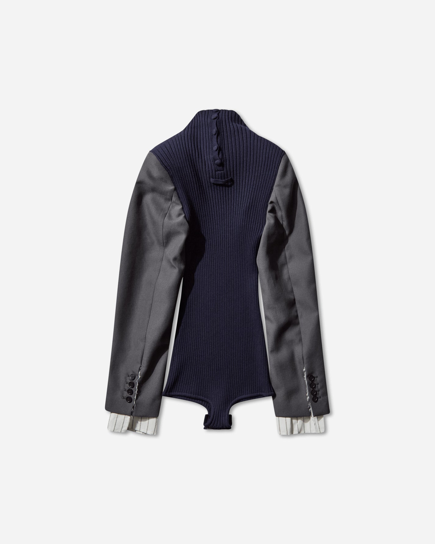 Jean Paul Gaultier Wmns Stretch Merino Wool Flat Rib High Neck Body Suit With Tailored Sleeeves Navy/Dark/Grey  Knitwears Sweaters 2504WPO037K017 5904
