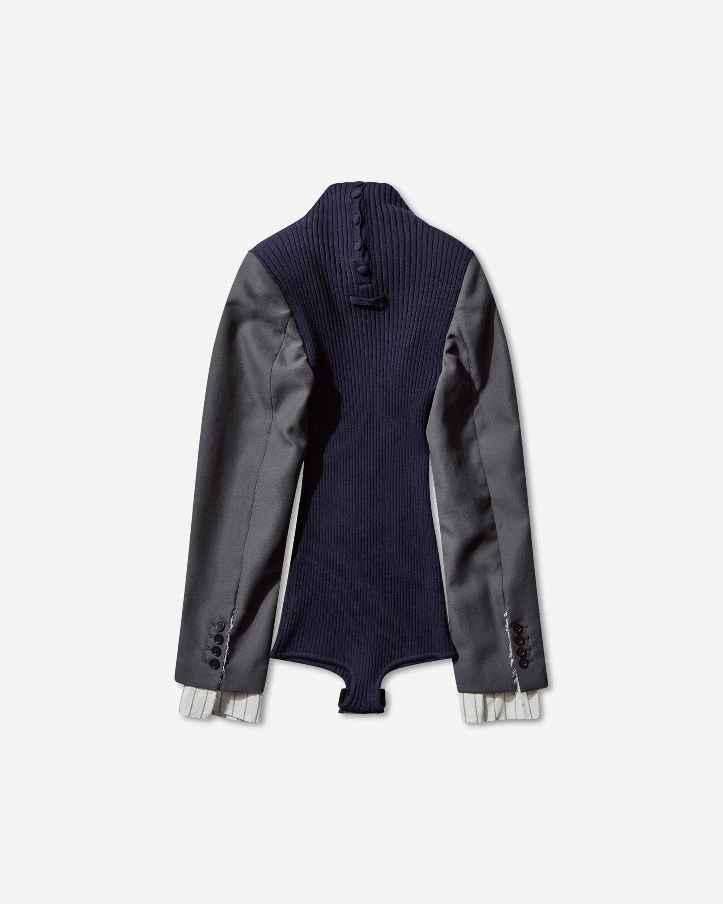 Jean Paul Gaultier Wmns Stretch Merino Wool Flat Rib High Neck Body Suit With Tailored Sleeeves Navy/Dark/Grey  Knitwears Sweaters 2504WPO037K017 5904