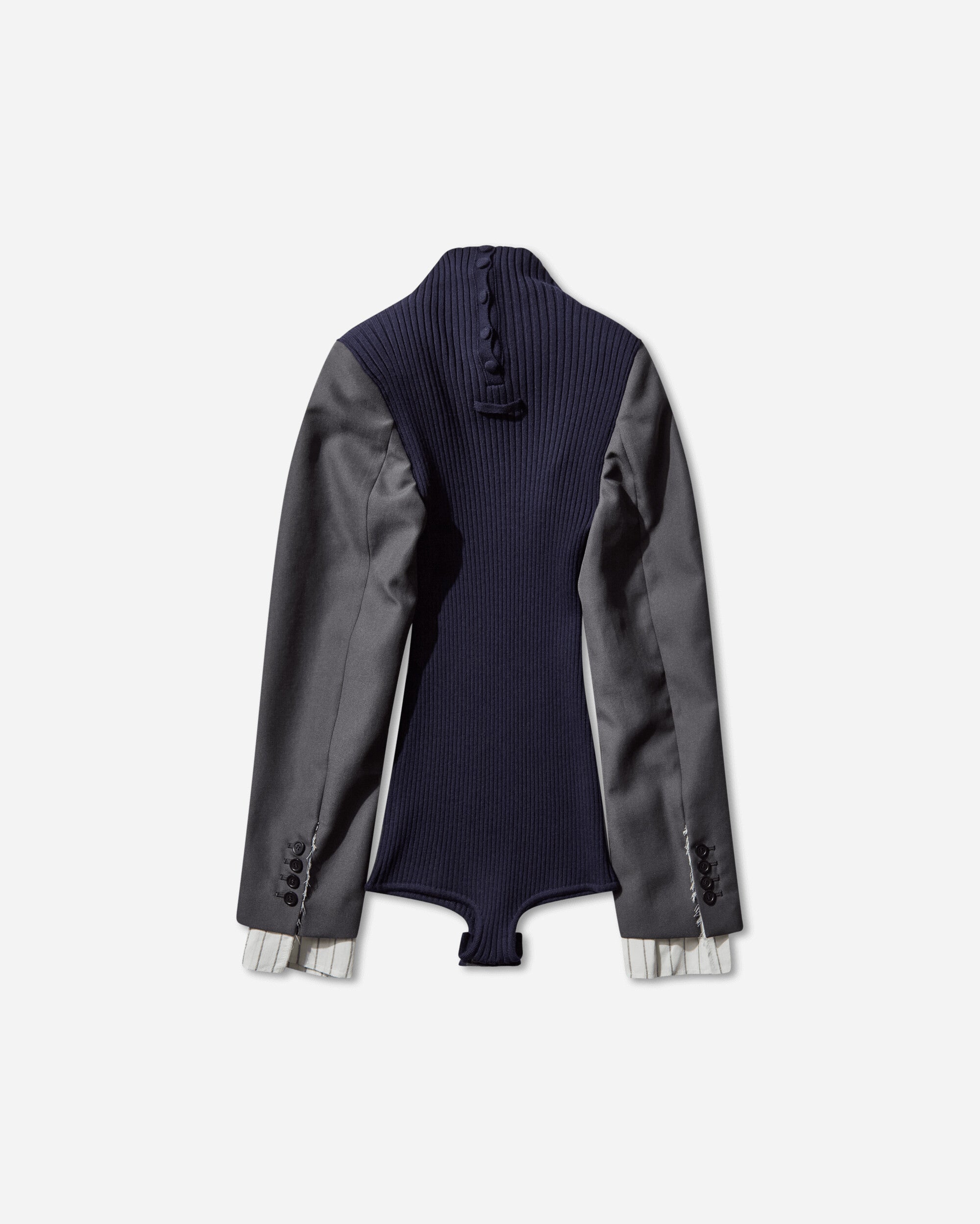 Jean Paul Gaultier Wmns Stretch Merino Wool Flat Rib High Neck Body Suit With Tailored Sleeeves Navy/Dark/Grey  Knitwears Sweaters 2504WPO037K017 5904