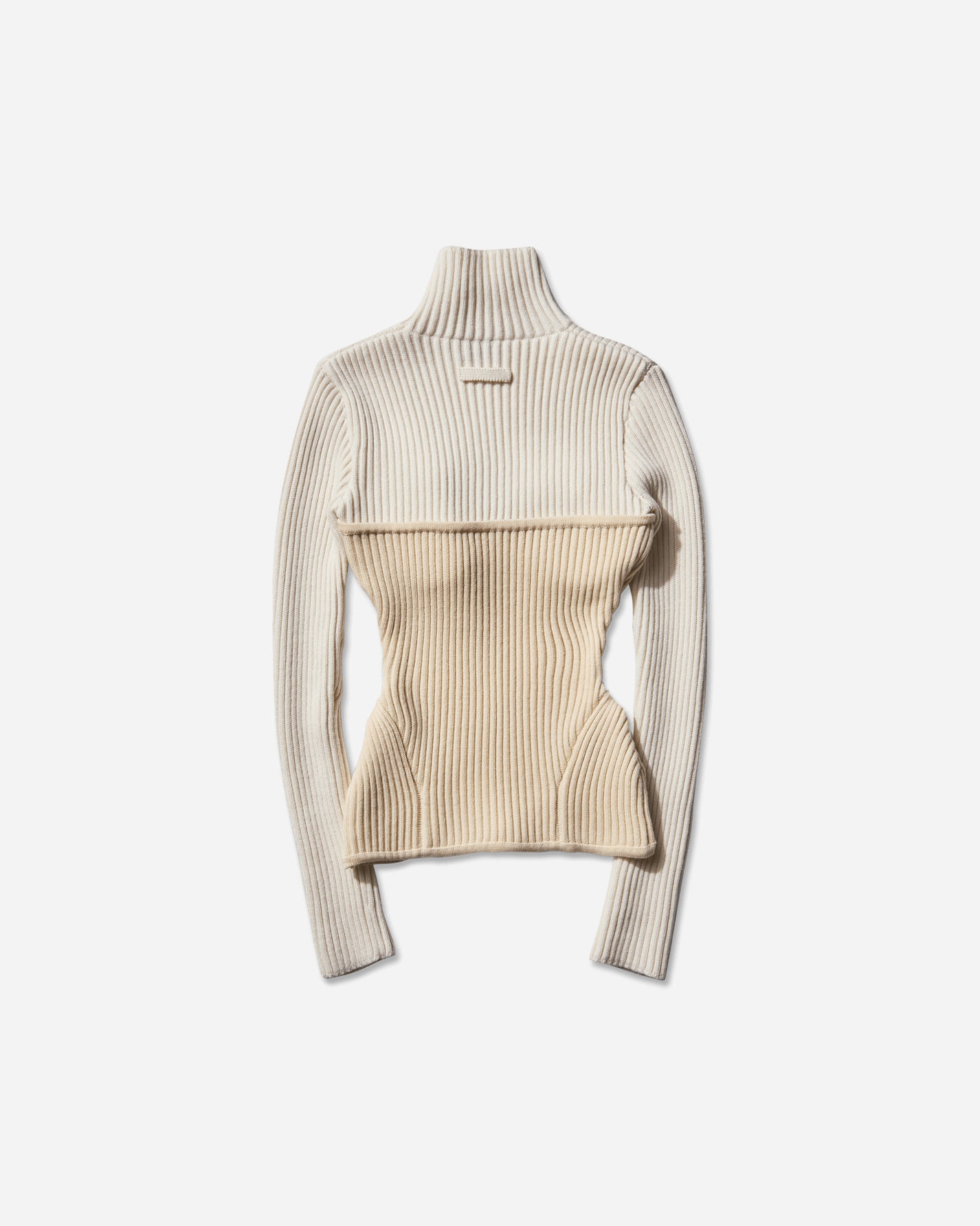 Jean Paul Gaultier Wmns Bicolor Stretch Merino Wool Ribbed High Neck Sweater With Corset Yoke White/Ecru Knitwears Turtleneck 2503WPO005K001 0103