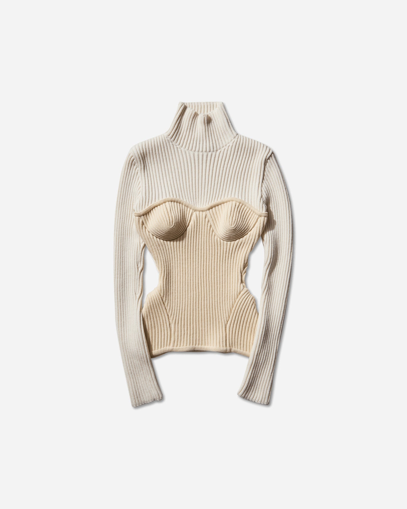 Jean Paul Gaultier Wmns Bicolor Stretch Merino Wool Ribbed High Neck Sweater With Corset Yoke White/Ecru Knitwears Turtleneck 2503WPO005K001 0103
