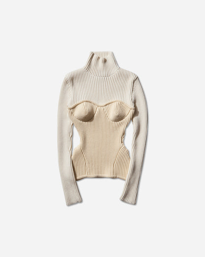 Jean Paul Gaultier Wmns Bicolor Stretch Merino Wool Ribbed High Neck Sweater With Corset Yoke White/Ecru Knitwears Turtleneck 2503WPO005K001 0103