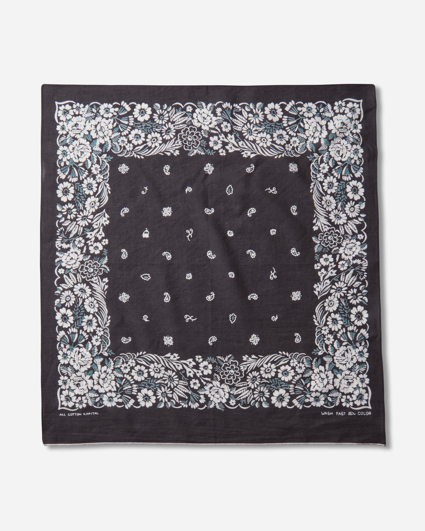 KAPITAL Fastcolor Selvedge Bandanna (Churchill Garden) 20X20 Black Gloves and Scarves Bandanas K2508BA507 BLACK