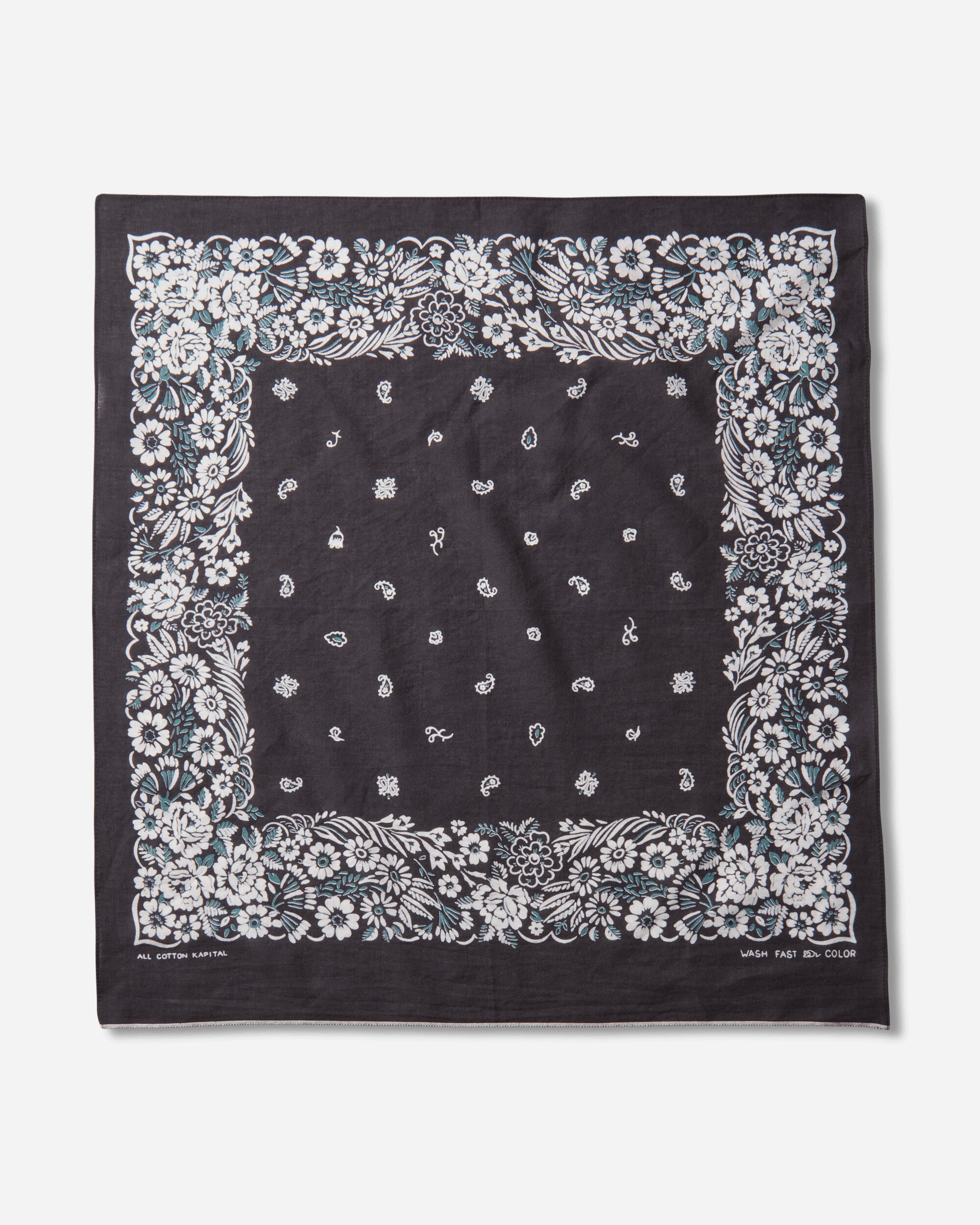 KAPITAL Fastcolor Selvedge Bandanna (Churchill Garden) 20X20 Black Gloves and Scarves Bandanas K2508BA507 BLACK