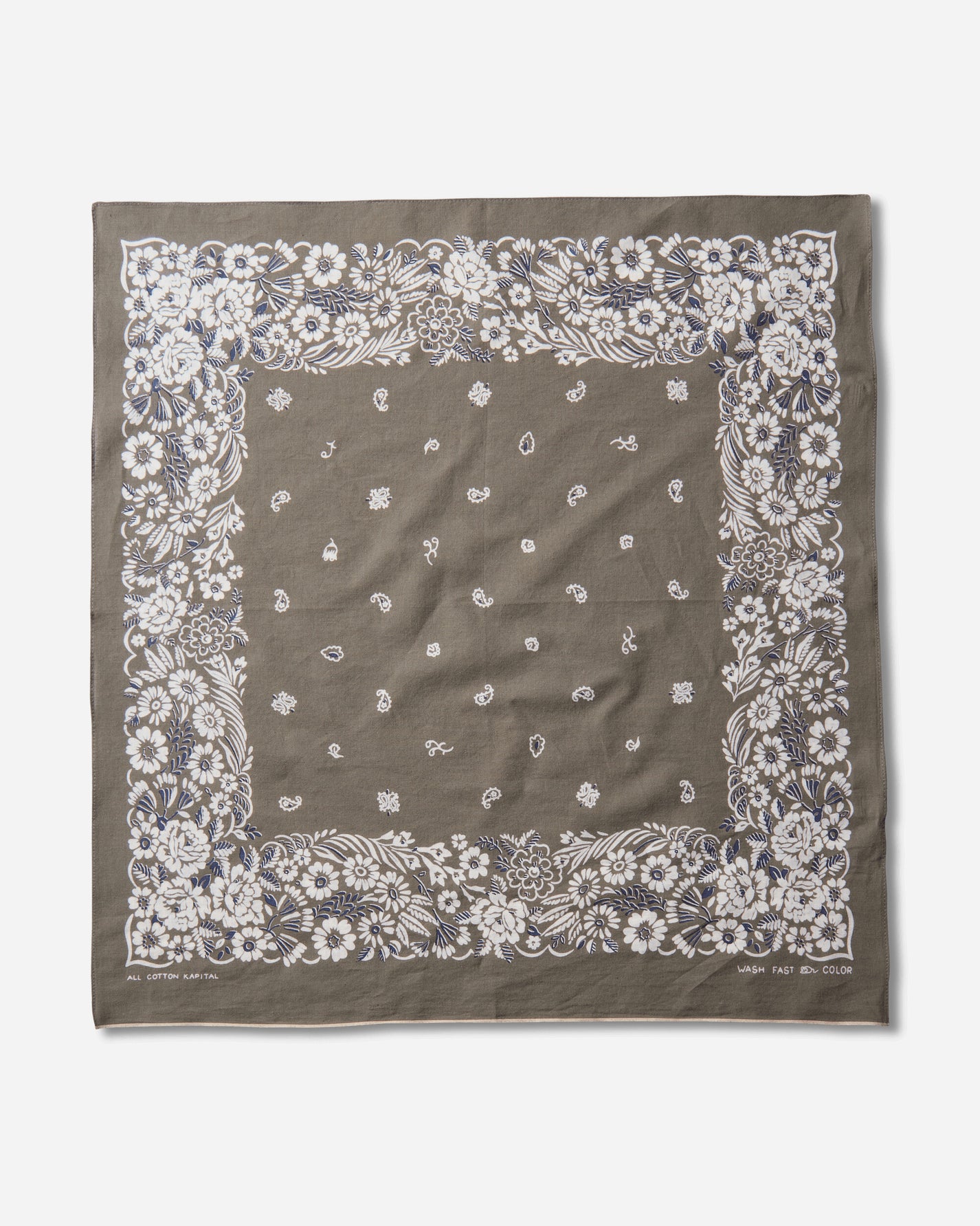 KAPITAL Fastcolor Selvedge Bandanna (Churchill Garden) 20X20 Khaki Gloves and Scarves Bandanas K2508BA507 KHAKI