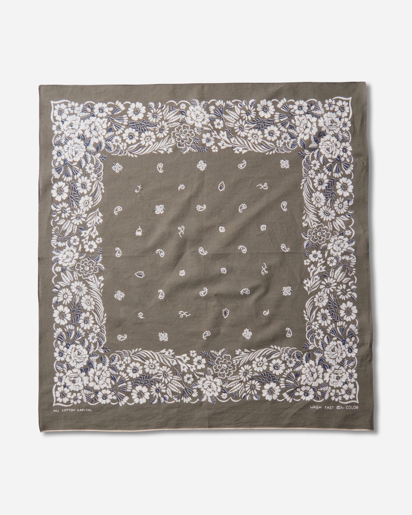 KAPITAL Fastcolor Selvedge Bandanna (Churchill Garden) 20X20 Khaki Gloves and Scarves Bandanas K2508BA507 KHAKI