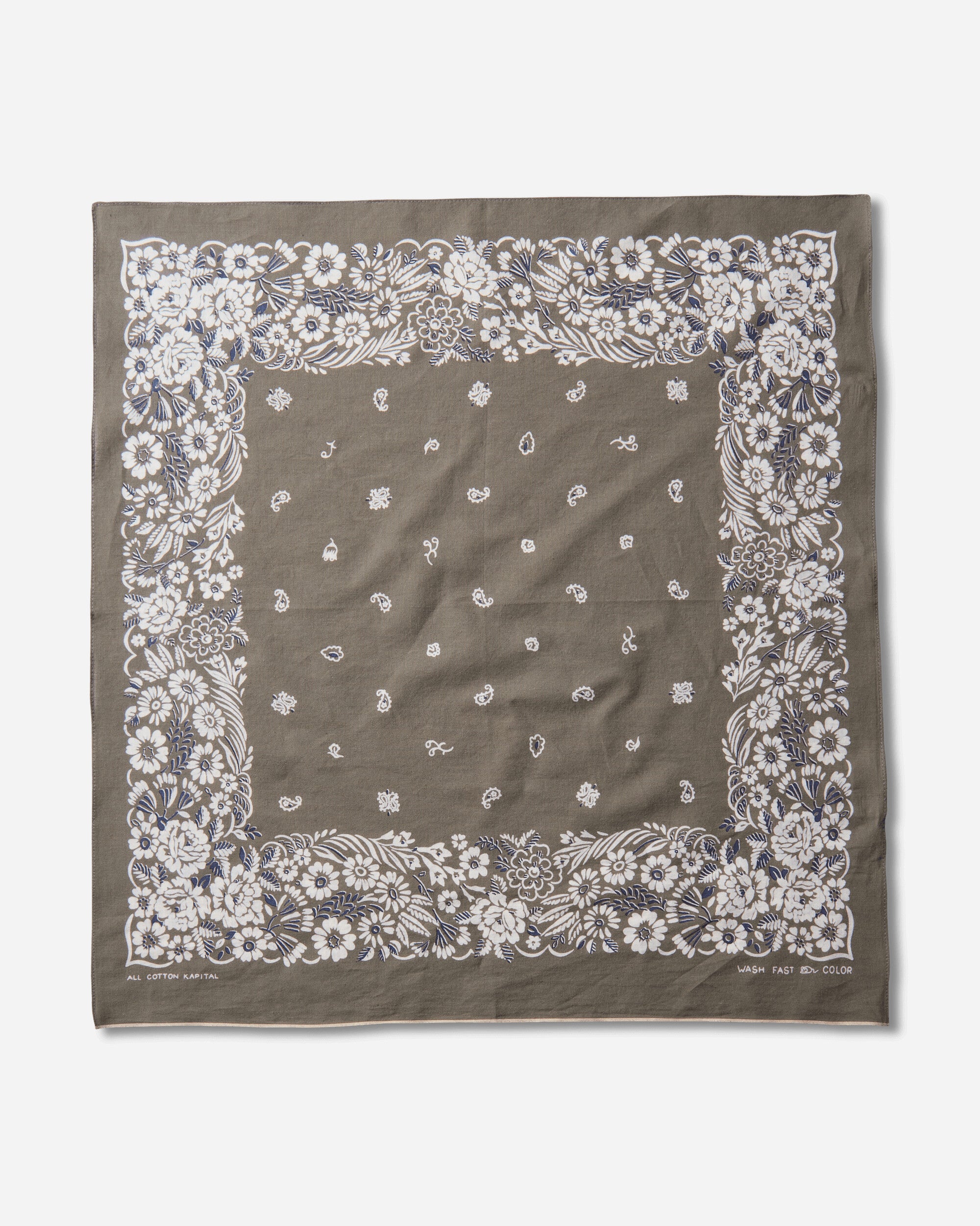 KAPITAL Fastcolor Selvedge Bandanna (Churchill Garden) 20X20 Khaki Gloves and Scarves Bandanas K2508BA507 KHAKI