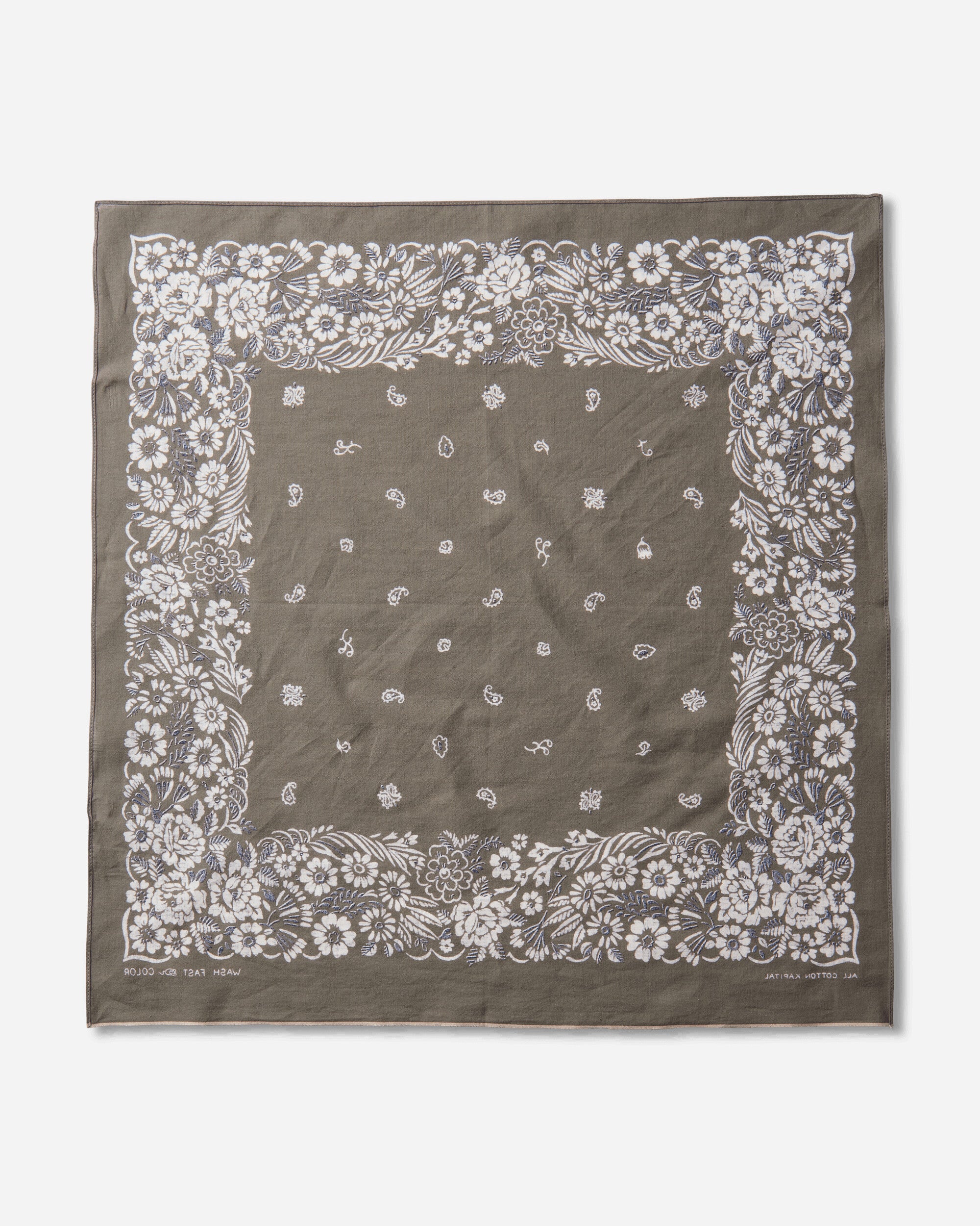 KAPITAL Fastcolor Selvedge Bandanna (Churchill Garden) 20X20 Khaki Gloves and Scarves Bandanas K2508BA507 KHAKI