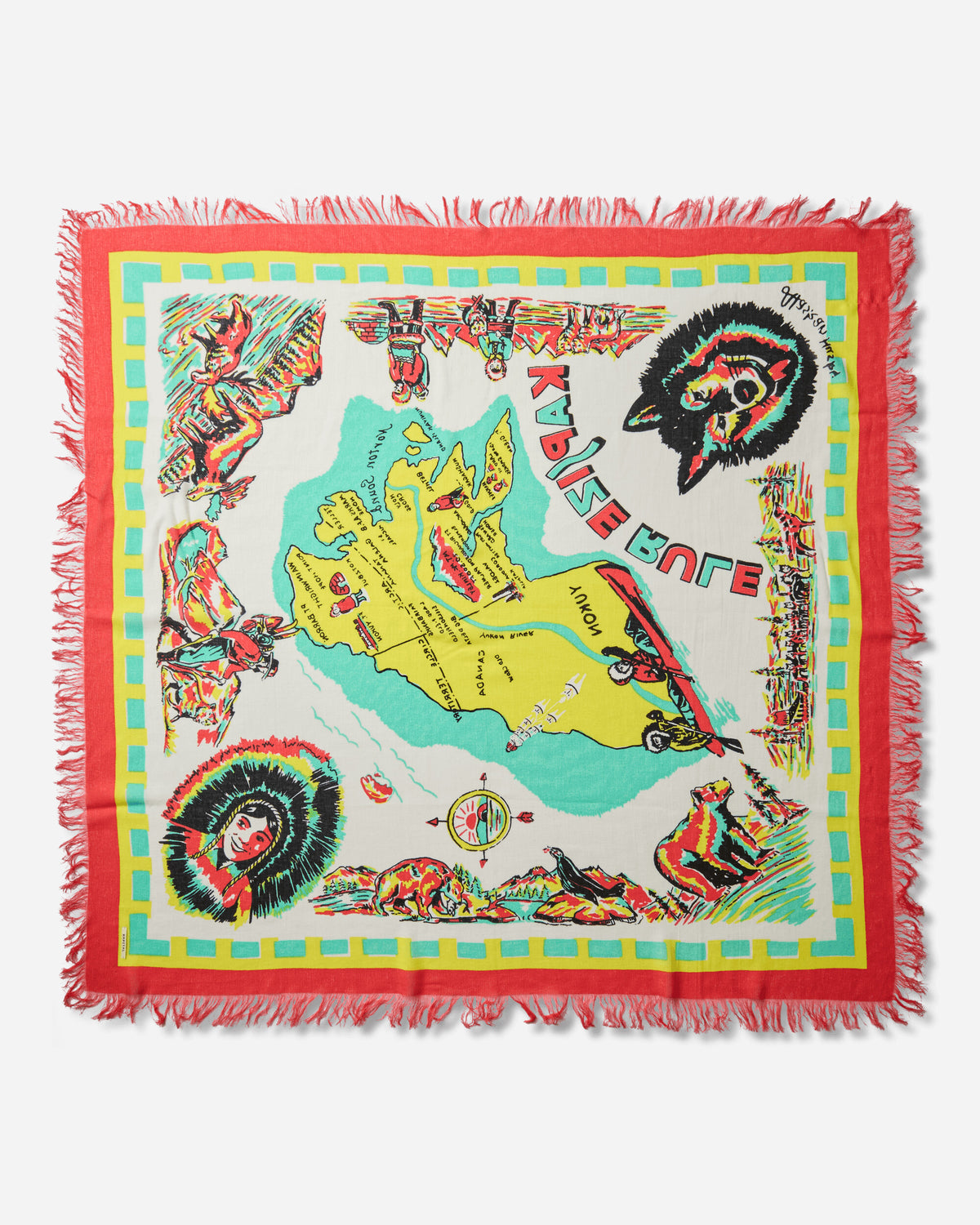 KAPITAL Rayon Fringe Stole Yukon Life Map 40In X 40In Ecru Gloves and Scarves Scarves and Warmneck K2510XM544 ECRU
