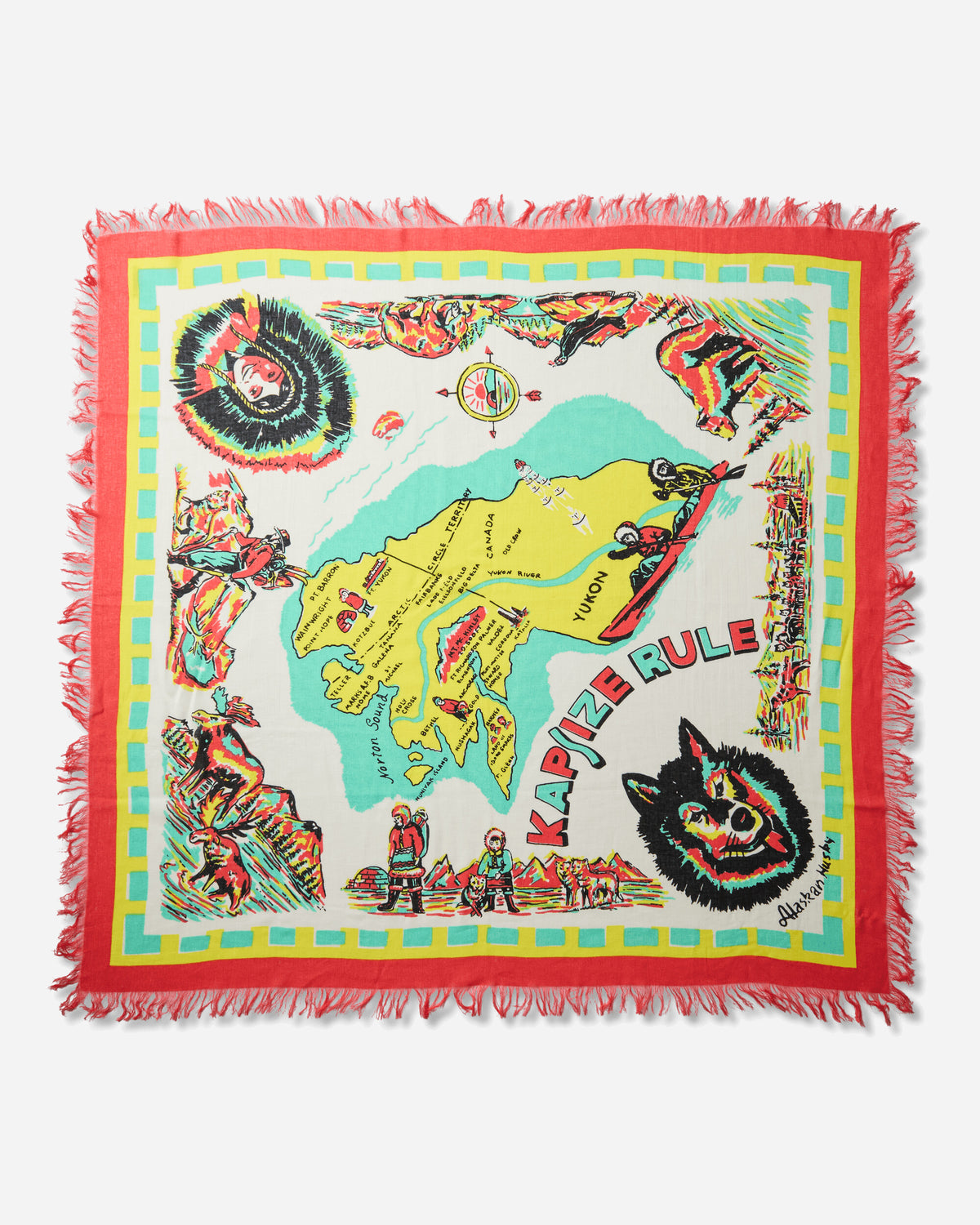 KAPITAL Rayon Fringe Stole Yukon Life Map 40In X 40In Ecru Gloves and Scarves Scarves and Warmneck K2510XM544 ECRU