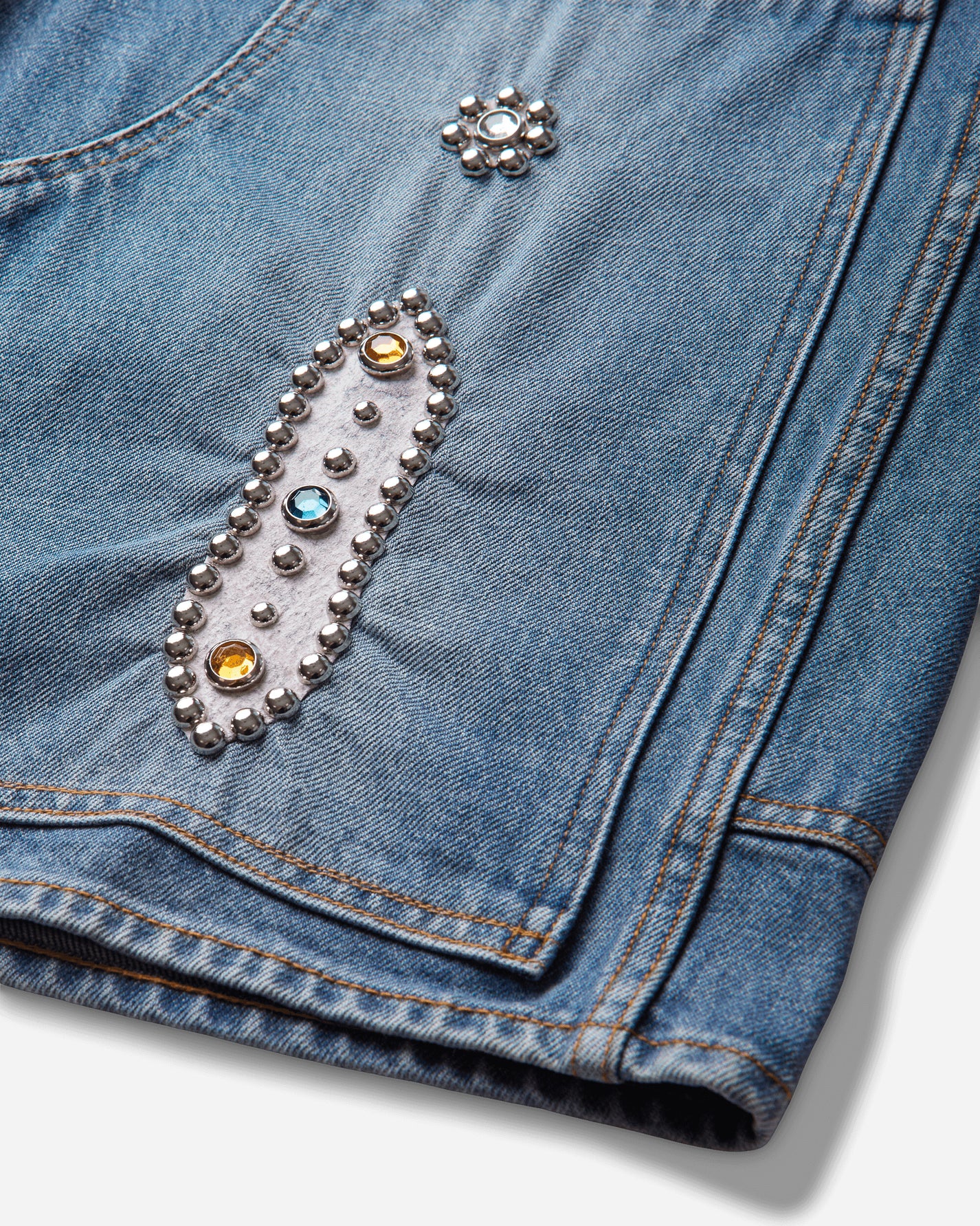 KAPITAL 14Oz Denim Shorts (Studs Remake) Washed Indigo Shorts Denim Short EK-1626SP PRO
