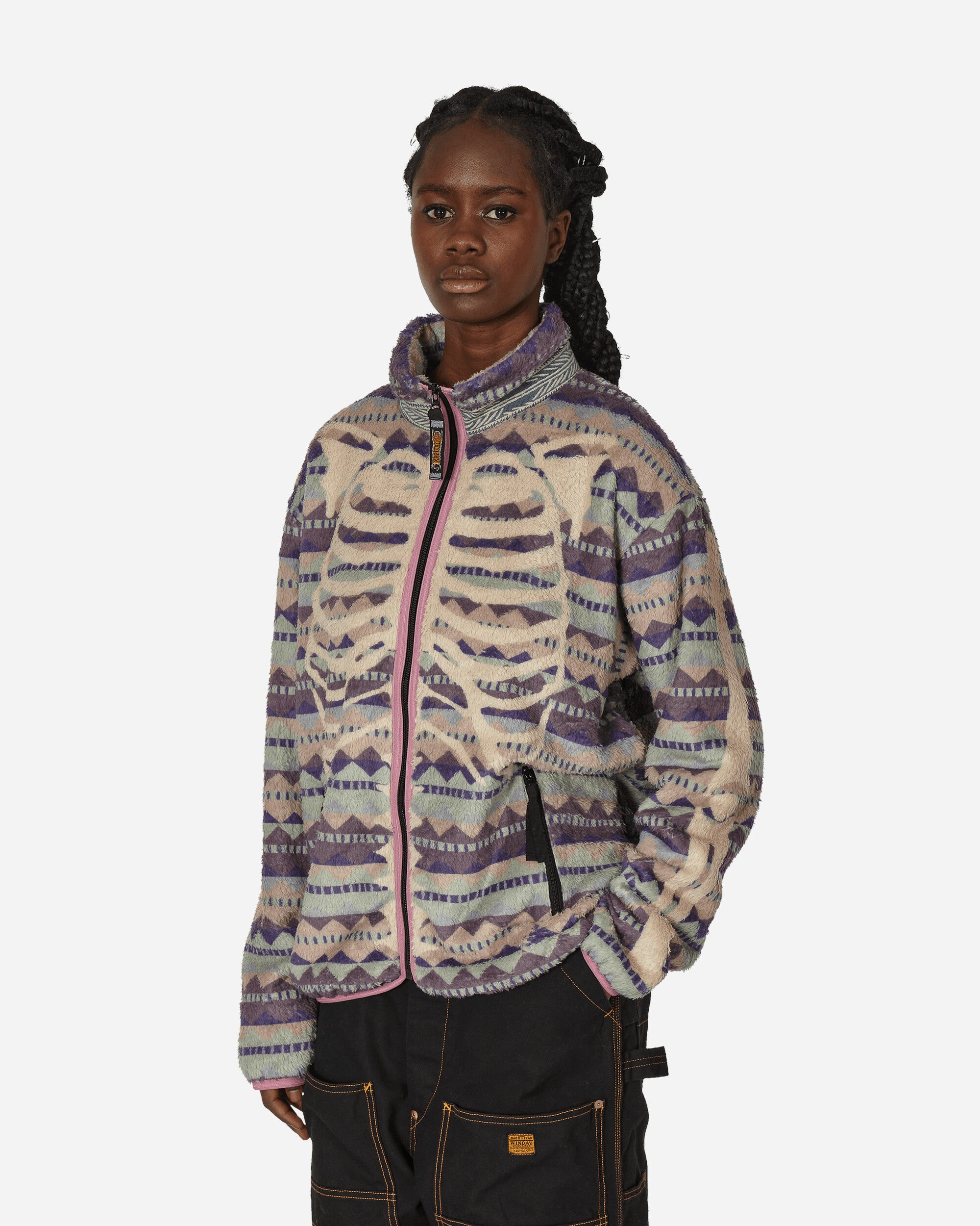 KAPITAL Ashland Stripe & Bone Fleece Zip Jacket Purple