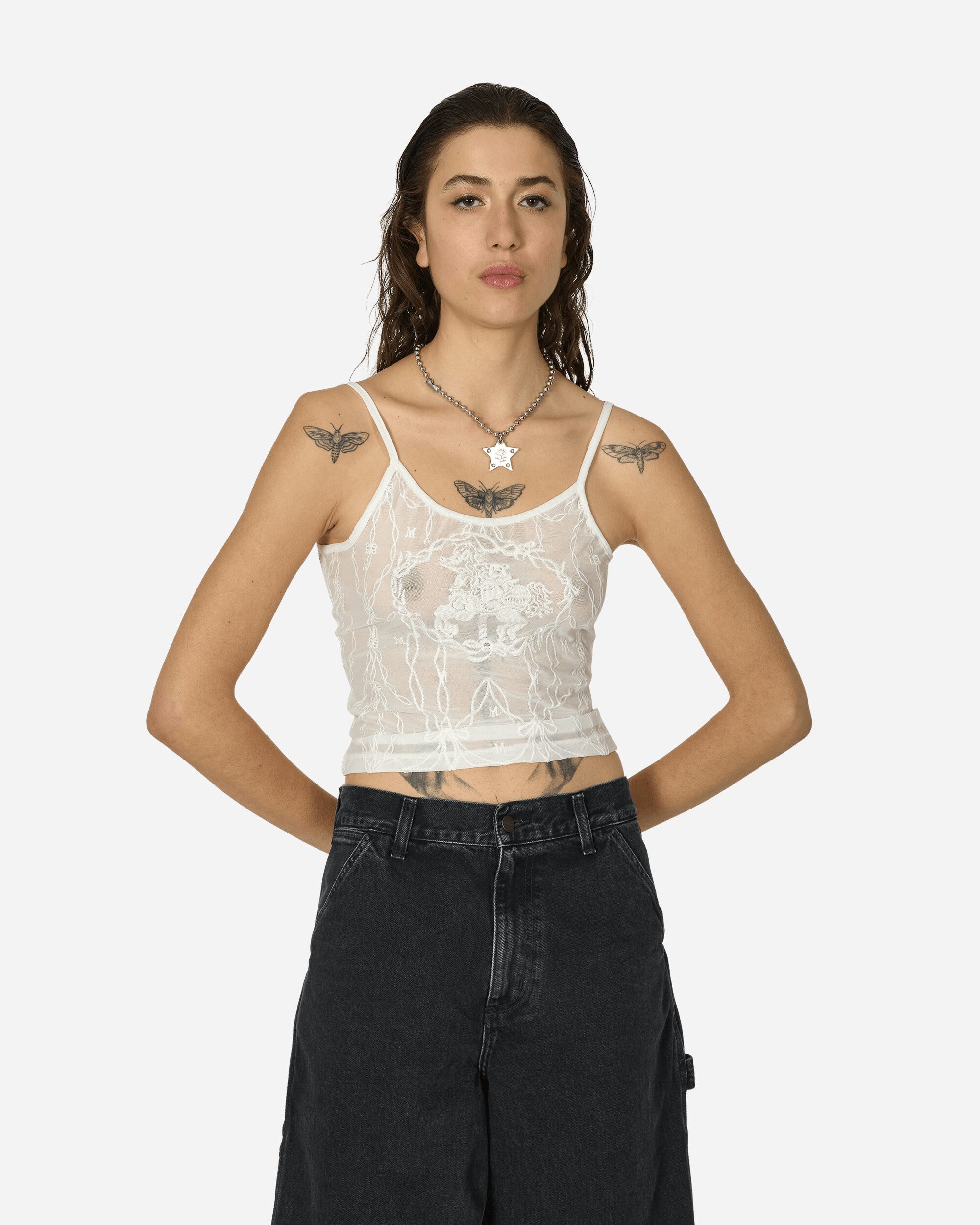 MARRKNULL Wmns White Bear Lace Cami White T-Shirts Cropped MN24SS01063 WHITE