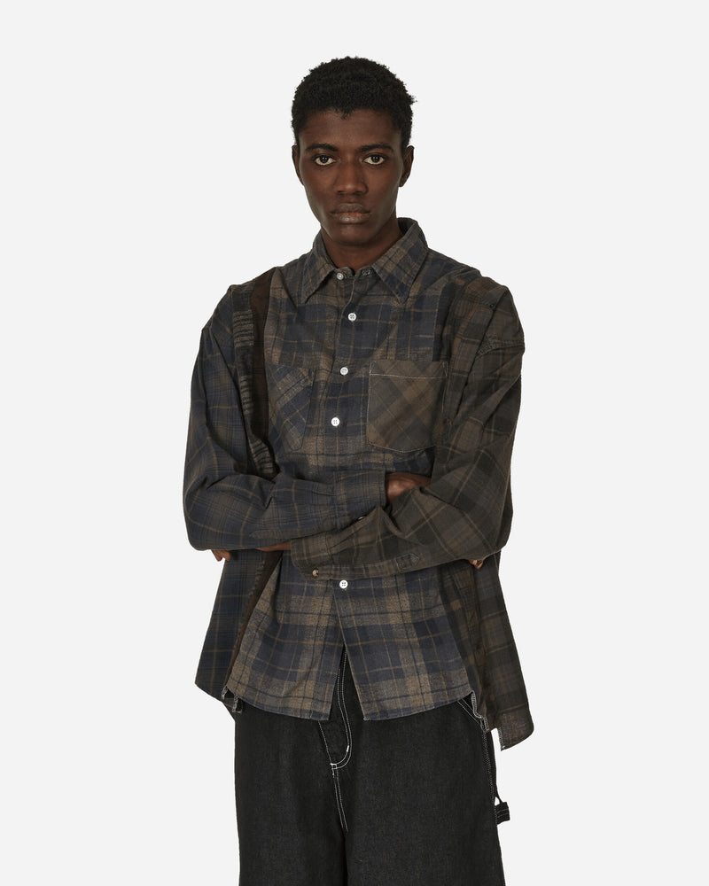 7 Cuts Flannel Wide Shirt Over Dye Brown