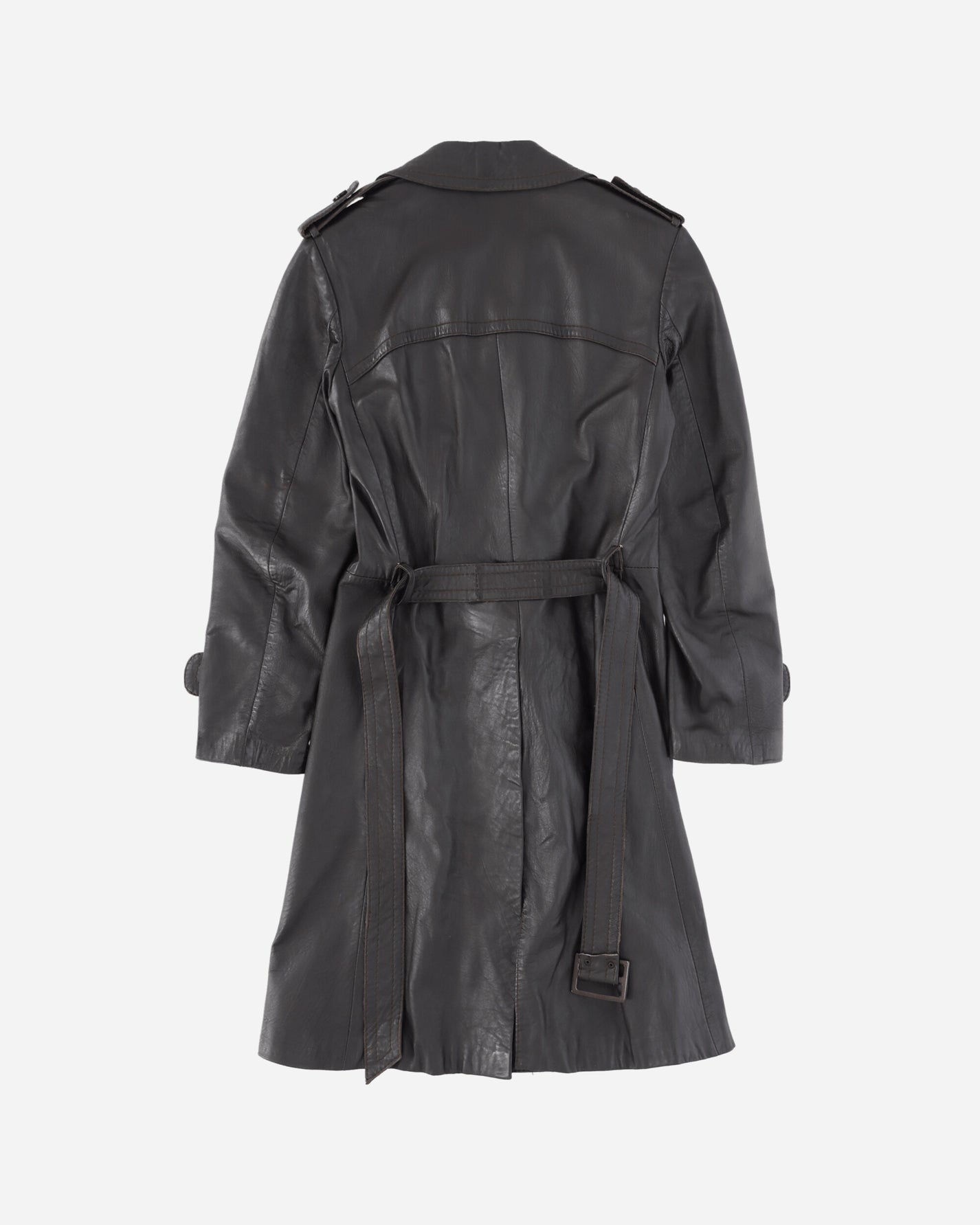 Pezze Vintage Dark Brown Double Breasted Leather Trench With Belt Black Coats and Jackets Leather Jackets 472421 1