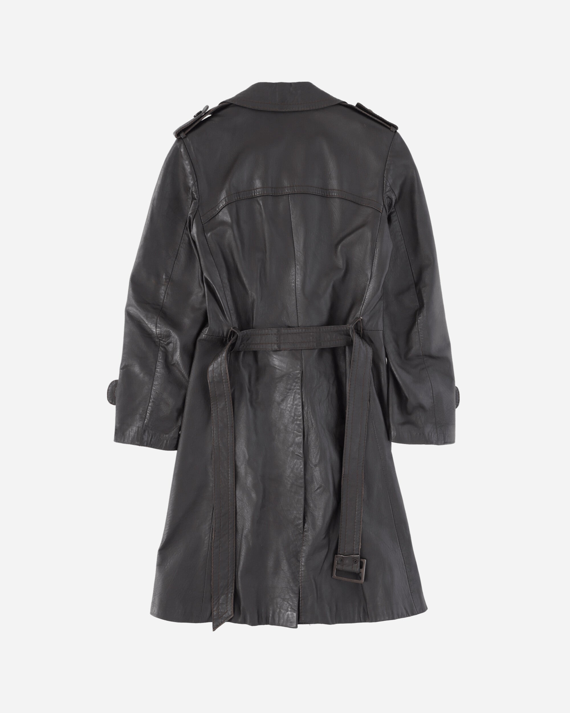 Pezze Vintage Dark Brown Double Breasted Leather Trench With Belt Black Coats and Jackets Leather Jackets 472421 1