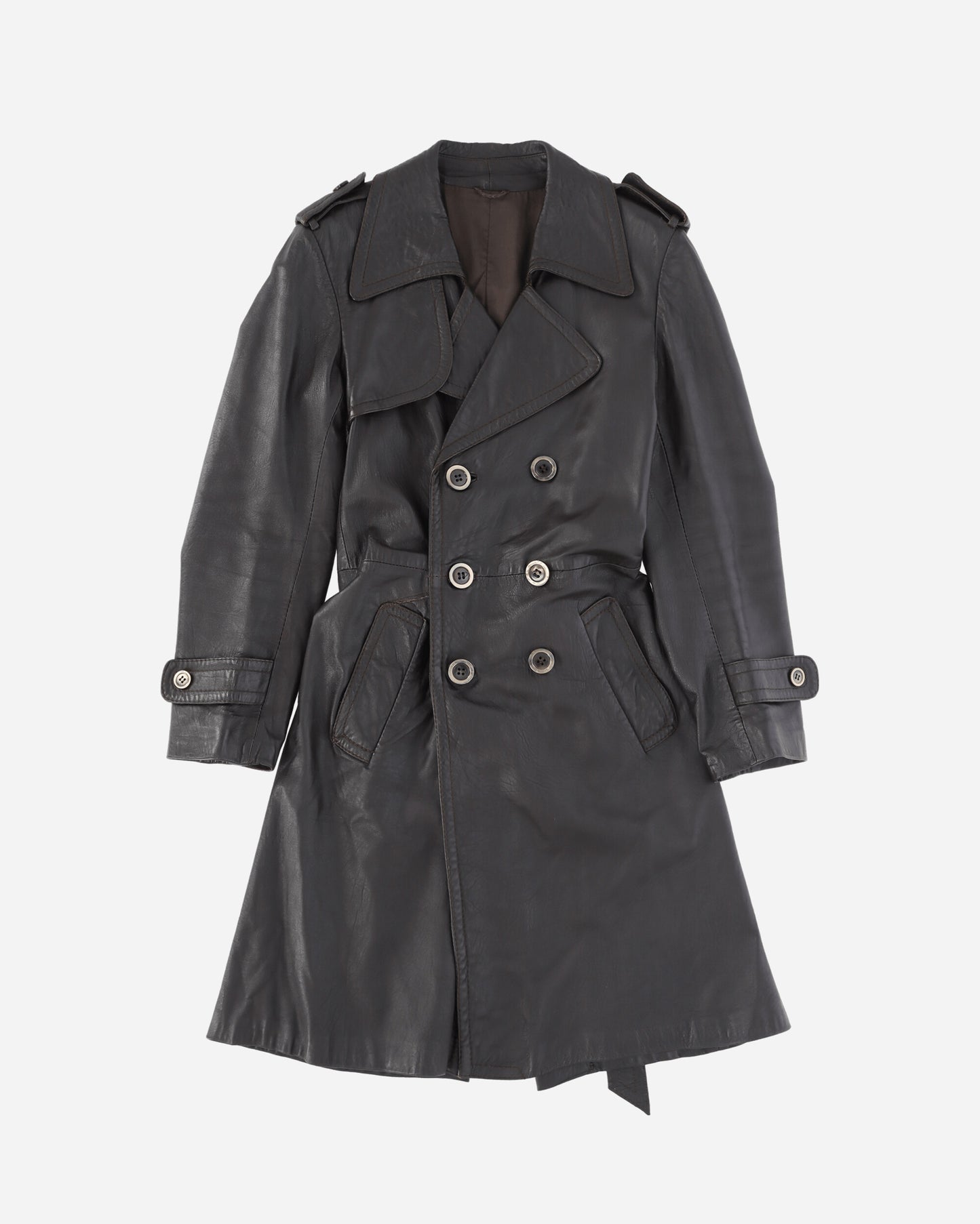 Pezze Vintage Dark Brown Double Breasted Leather Trench With Belt Black Coats and Jackets Leather Jackets 472421 1