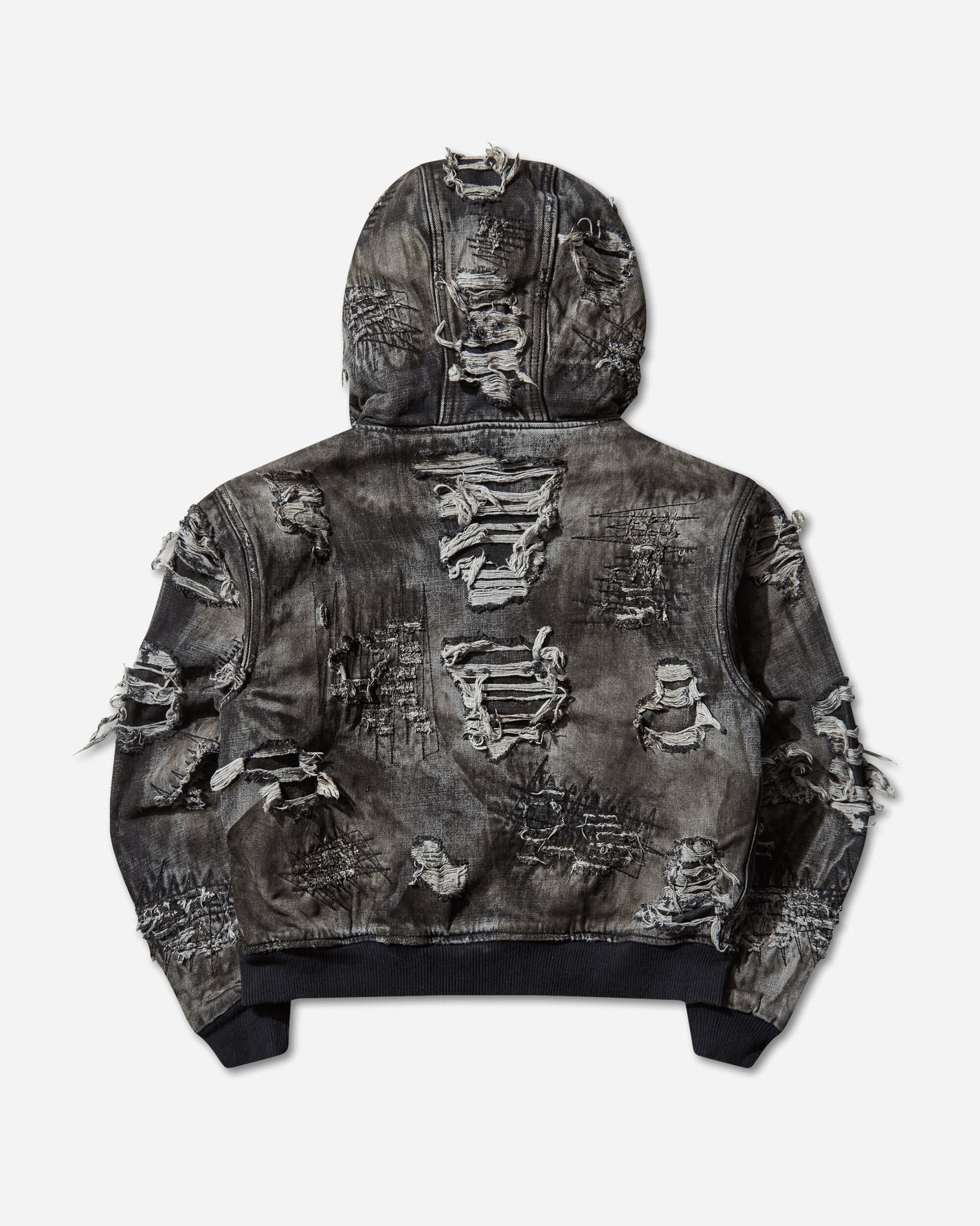 Thug Club Hard-Washed Damaged Denim Hooded Zip-Up Black Coats and Jackets Jackets TC25JK3801 BLACK