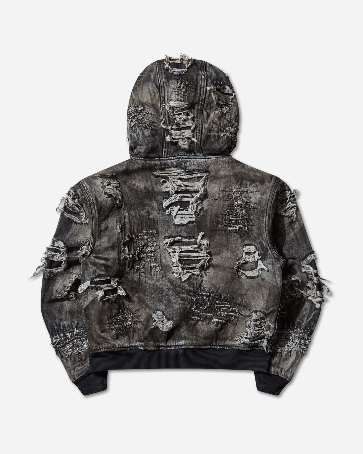 Thug Club Hard-Washed Damaged Denim Hooded Zip-Up Black Coats and Jackets Jackets TC25JK3801 BLACK