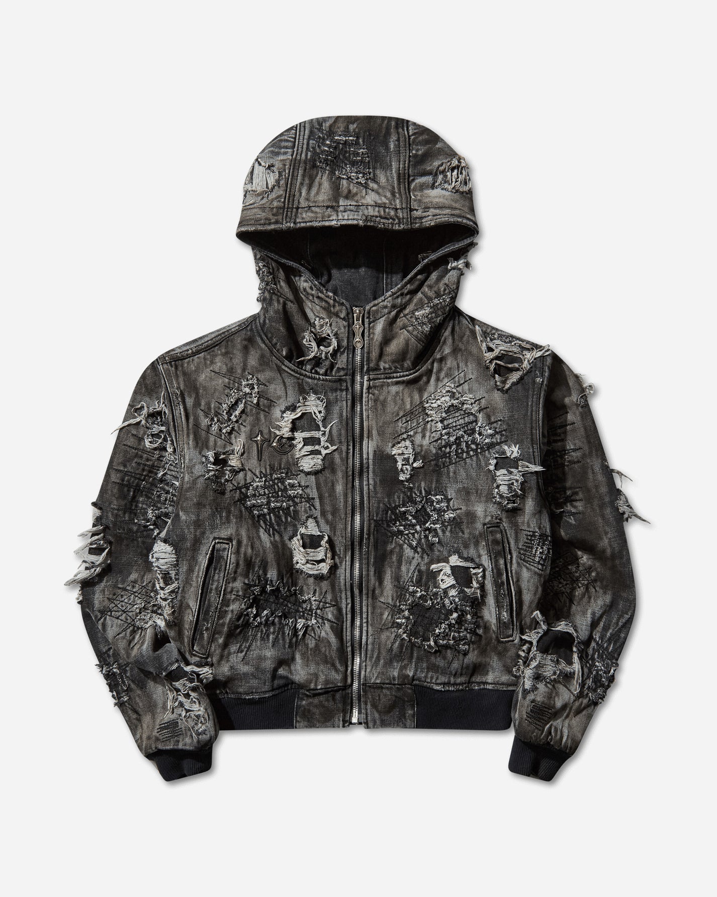 Thug Club Hard-Washed Damaged Denim Hooded Zip-Up Black Coats and Jackets Jackets TC25JK3801 BLACK