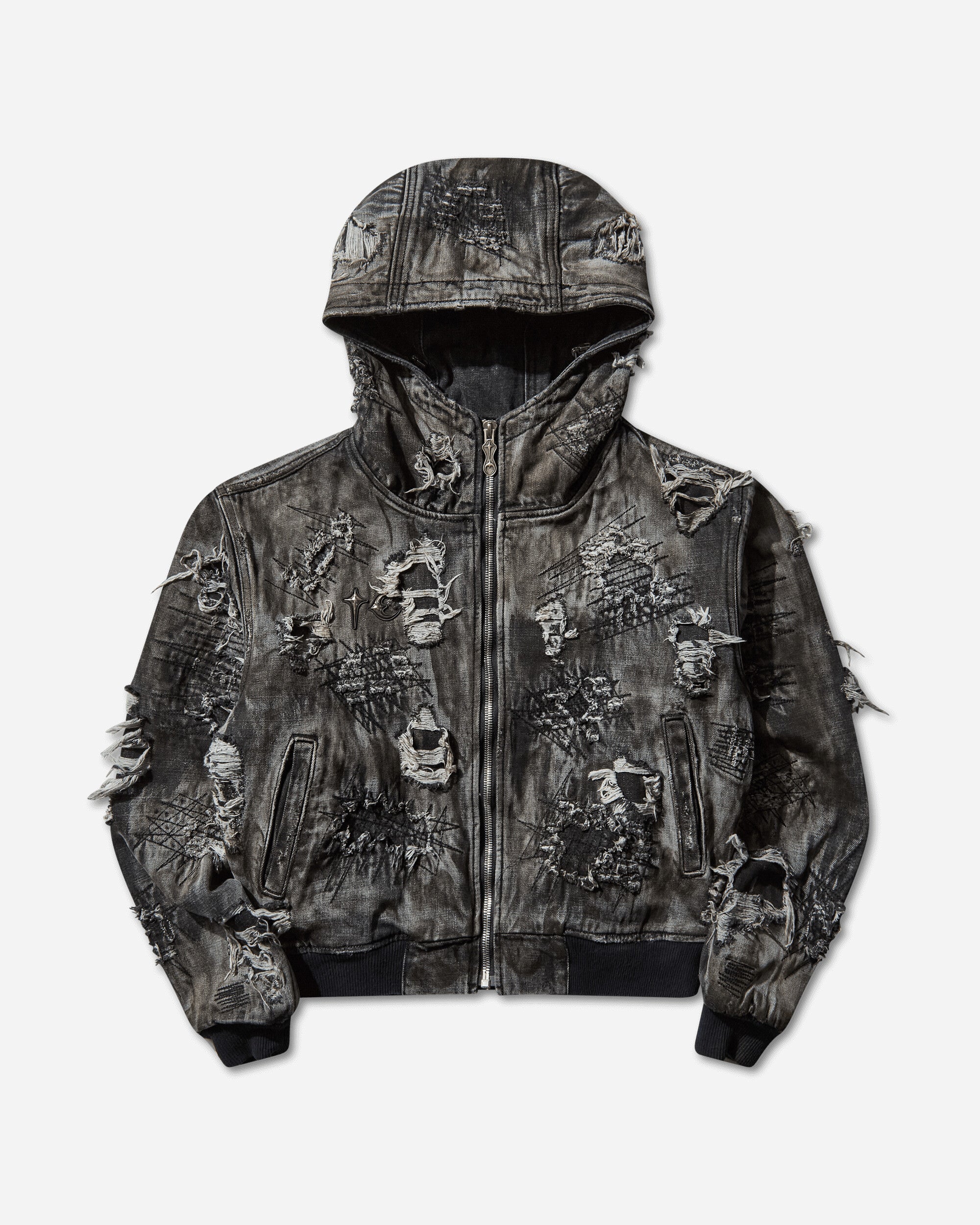 Thug Club Hard-Washed Damaged Denim Hooded Zip-Up Black Coats and Jackets Jackets TC25JK3801 BLACK